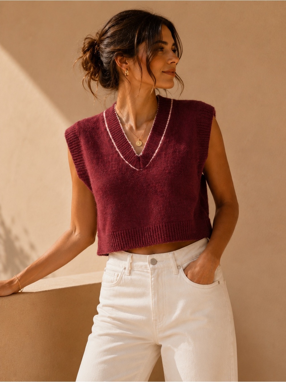 MAX STUDIO | 100% Merino Wool Sweater Vest | Burgundy V-Neck Minimalist Piece